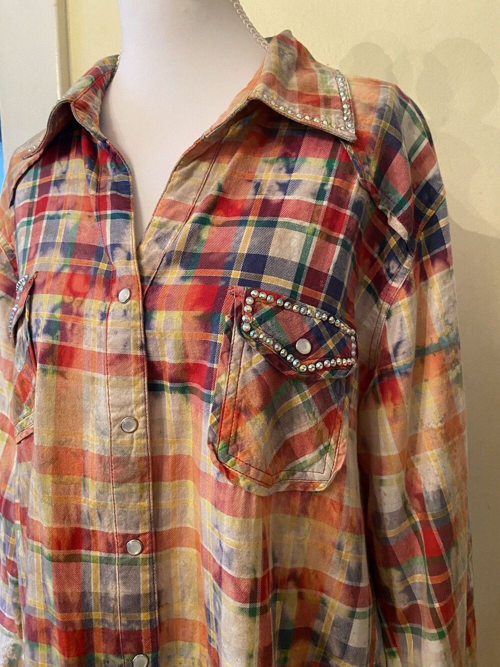 A Rare Bird Top red Plaid Rhinestone Button Down Shirt / dress Womens Size XL